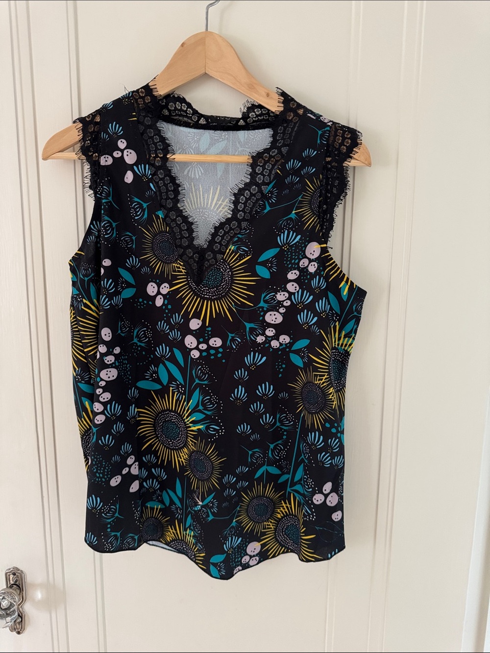 Sleeveless Black Floral Lace-Trim V-Neck Top